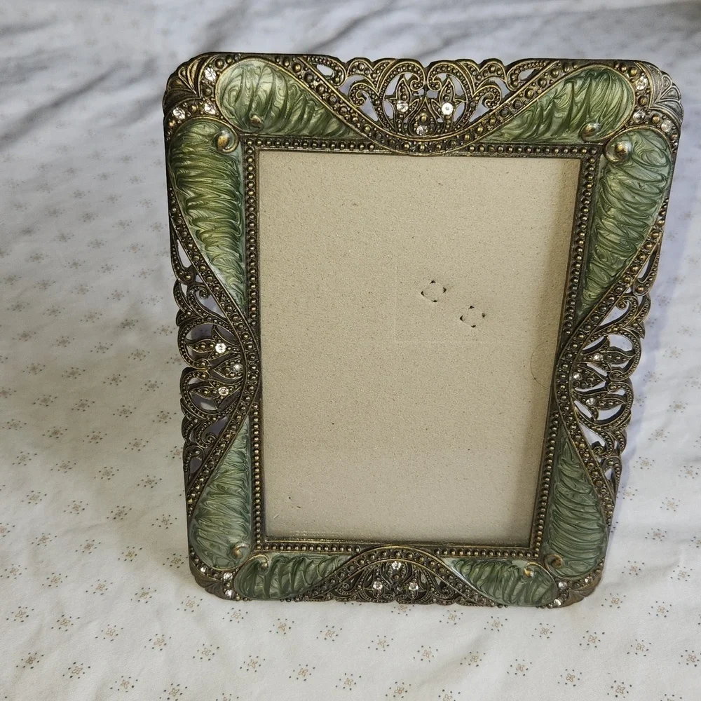 Vintage Green Enamel and Rhinestone Filigree Elegant  Ornate Photo Frame